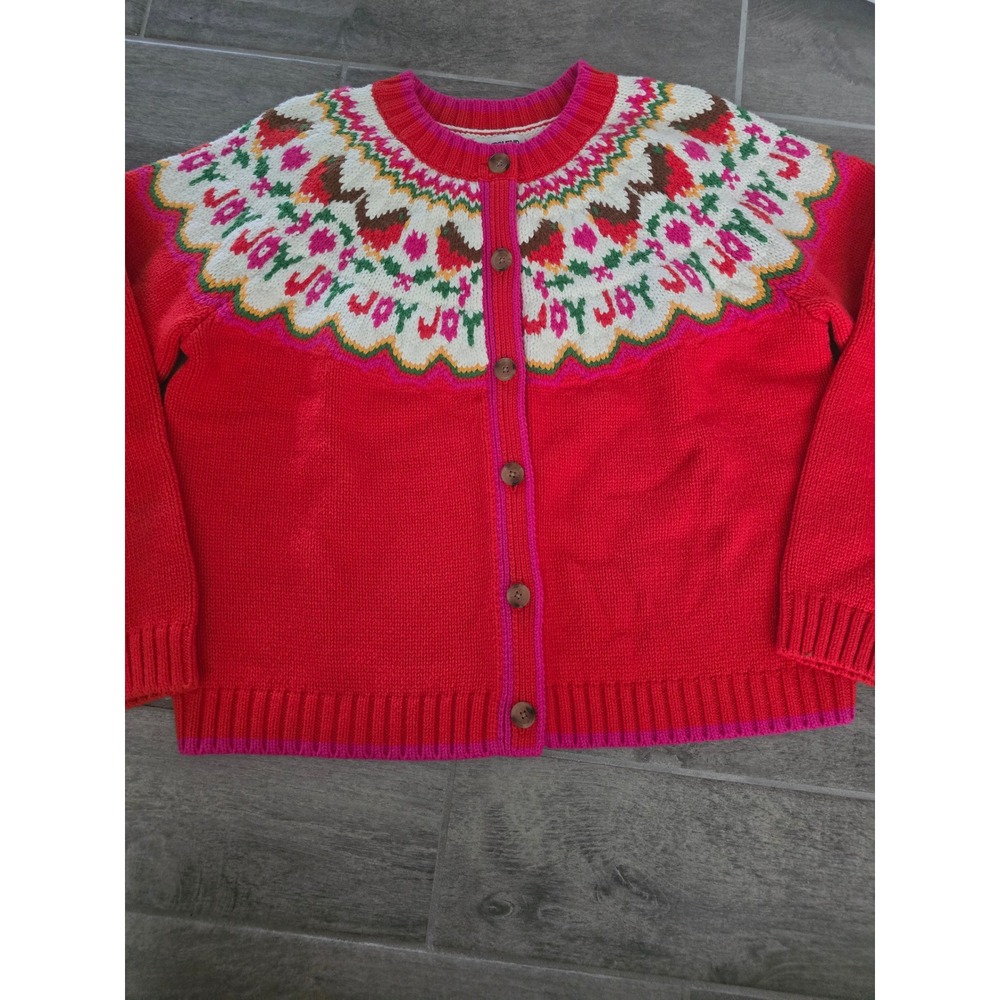 Lands End Red Fair Isle Joy Heart Cardigan Sweater Womens XL 18 Holiday Cotton
